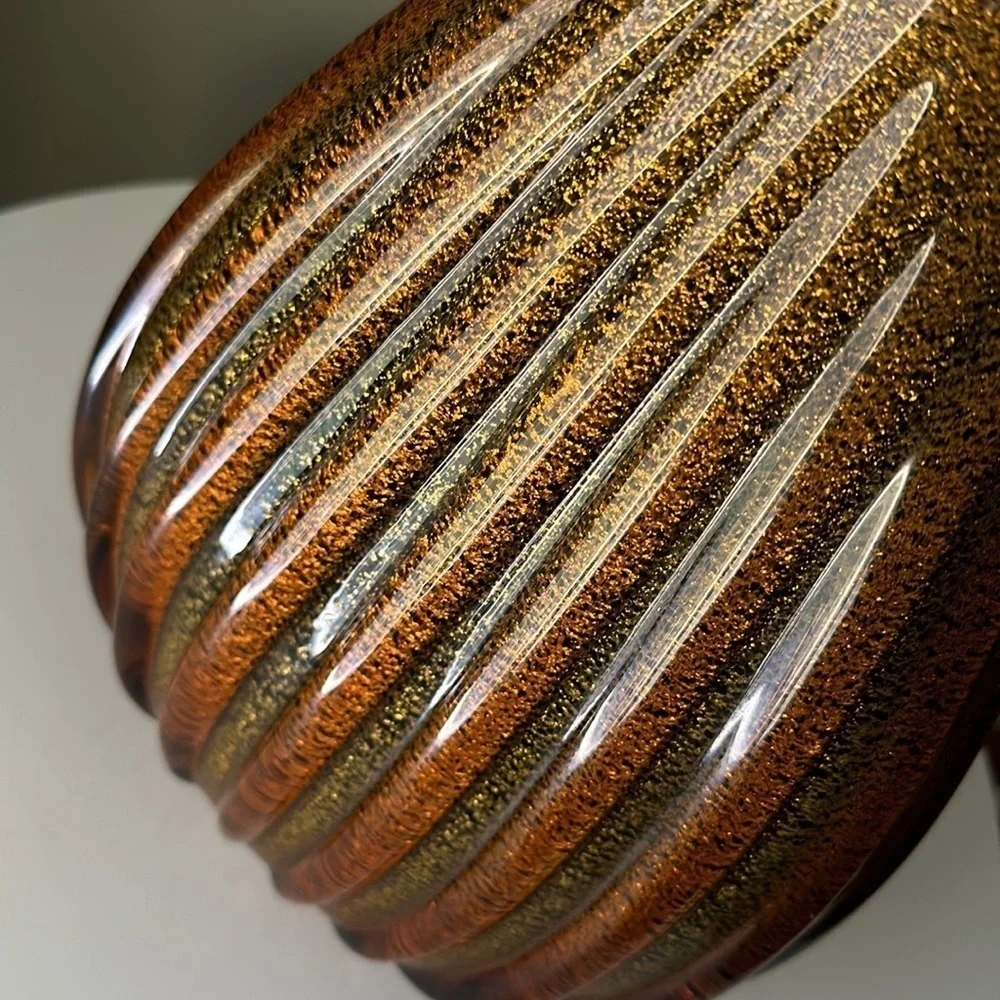 Sasaki Italian Crystal Vase Hand Crafted Marea 11” Tear Drop Ribbed Tiger’s Eye